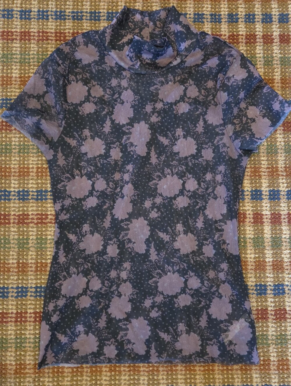 Intimately Free People Black Rose Floral Mesh Turtleneck Raw Hem Top Size Small